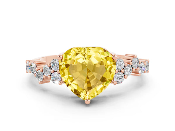Rose gold Heart Cut Yellow Sapphire Scattered Round Accent Ring with Prong Setting