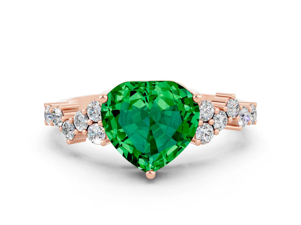 Rose gold Heart Cut Emerald Scattered Round Accent Ring with Prong Setting
