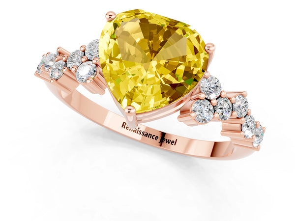 Rose gold Heart Cut Yellow Sapphire Scattered Round Accent Ring with Prong Setting
