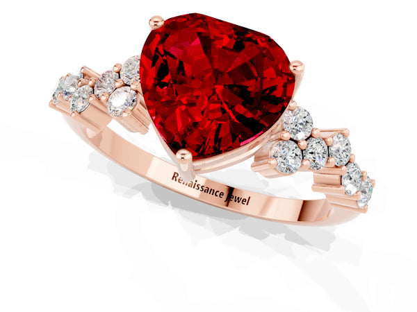 Rose gold Heart Cut Ruby Scattered Round Accent Ring with Prong Setting