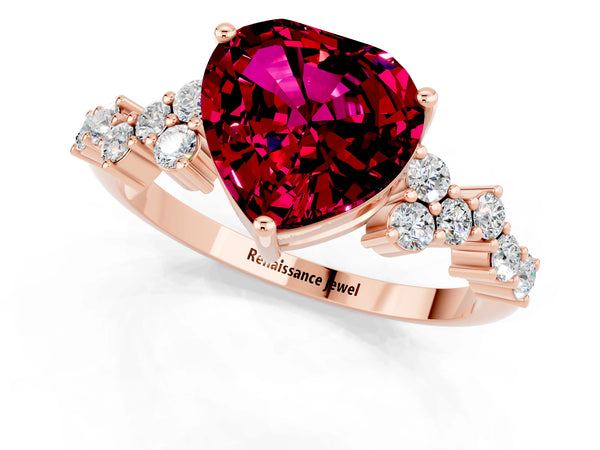 Rose gold Heart Cut Garnet Scattered Round Accent Ring with Prong Setting