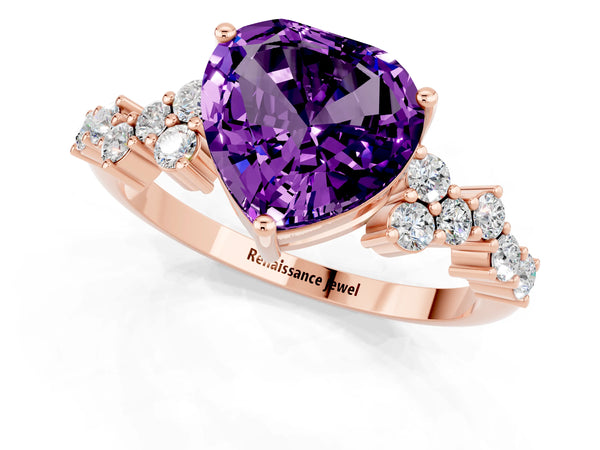 Rose gold Heart Cut Amethyst Scattered Round Accent Ring with Prong Setting