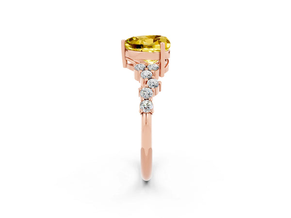 Rose gold Heart Cut Yellow Sapphire Scattered Round Accent Ring with Prong Setting