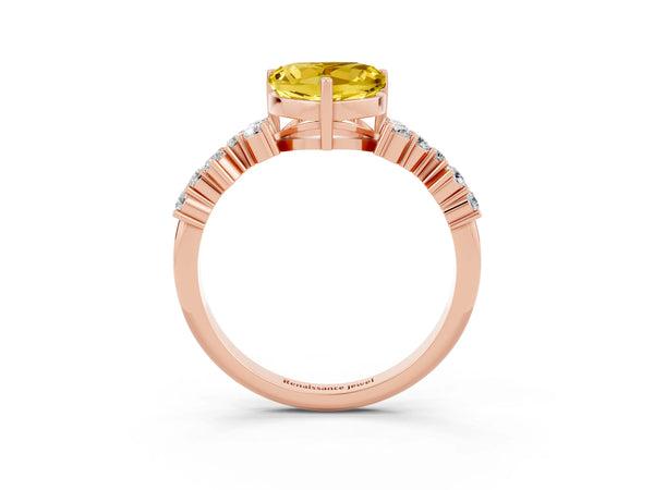 Rose gold Heart Cut Yellow Sapphire Scattered Round Accent Ring with Prong Setting