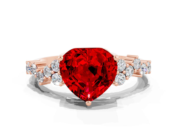 Rose gold Heart Cut Ruby Scattered Round Accent Ring with Prong Setting