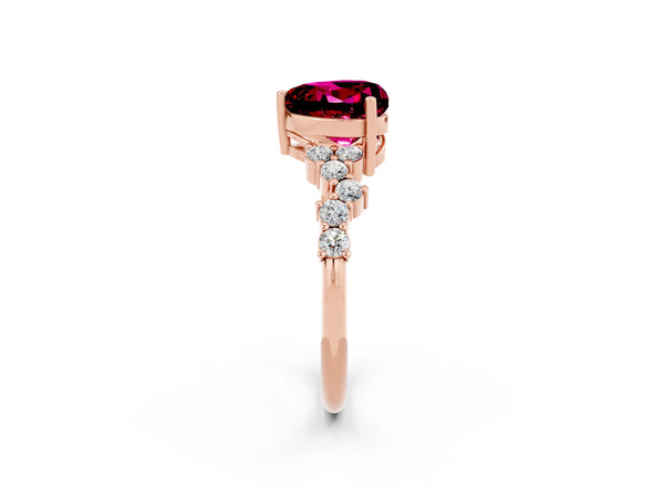 Rose gold Heart Cut Garnet Scattered Round Accent Ring with Prong Setting