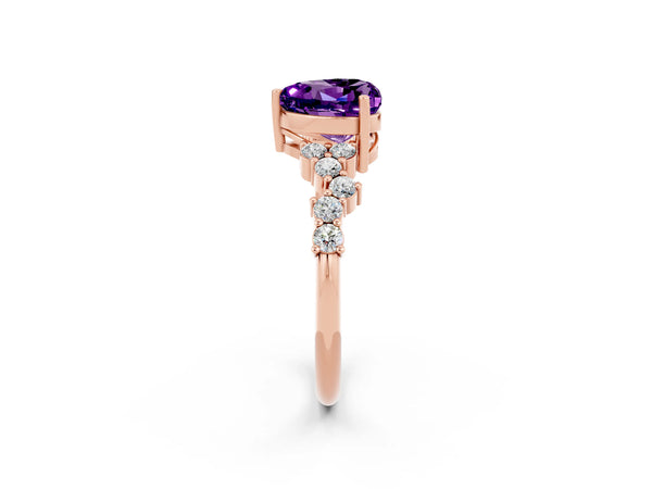 Rose gold Heart Cut Amethyst Scattered Round Accent Ring with Prong Setting