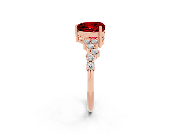 Rose gold Heart Cut Ruby Scattered Round Accent Ring with Prong Setting