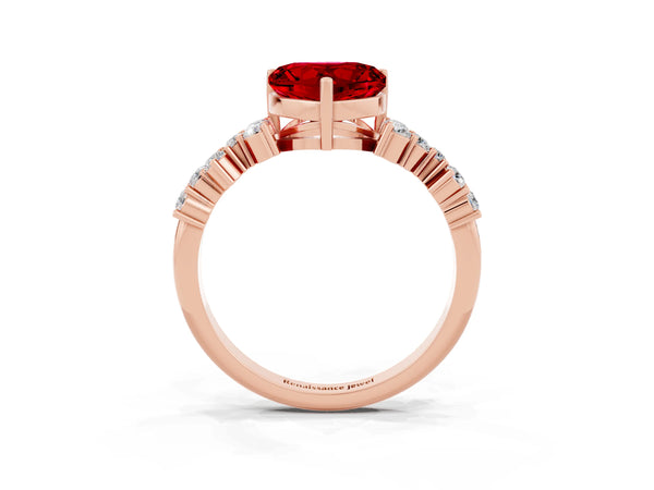 Rose gold Heart Cut Ruby Scattered Round Accent Ring with Prong Setting
