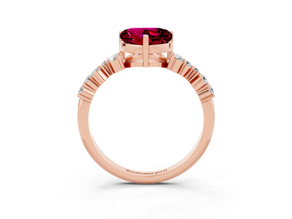 Rose gold Heart Cut Garnet Scattered Round Accent Ring with Prong Setting