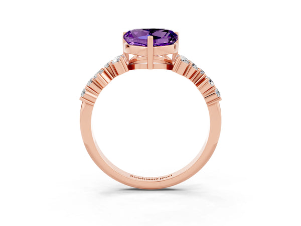 Rose gold Heart Cut Amethyst Scattered Round Accent Ring with Prong Setting
