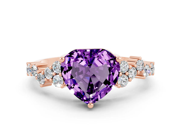 Rose gold Heart Cut Amethyst Scattered Round Accent Ring with Prong Setting