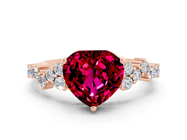 Rose gold Heart Cut Garnet Scattered Round Accent Ring with Prong Setting