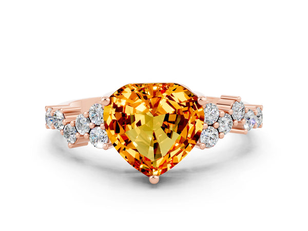 Rose gold Heart Cut Citrine Scattered Round Accent Ring with Prong Setting