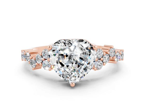 Rose gold Heart Cut Moissanite Scattered Round Accent Ring with Prong Setting