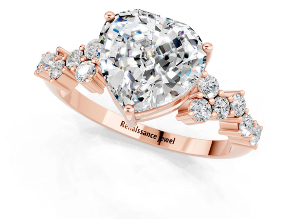 Rose gold Heart Cut Moissanite Scattered Round Accent Ring with Prong Setting