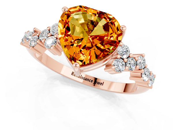 Rose gold Heart Cut Citrine Scattered Round Accent Ring with Prong Setting