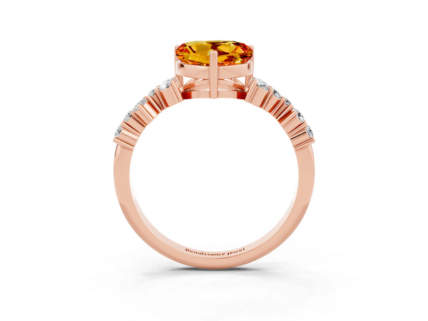 Rose gold Heart Cut Citrine Scattered Round Accent Ring with Prong Setting