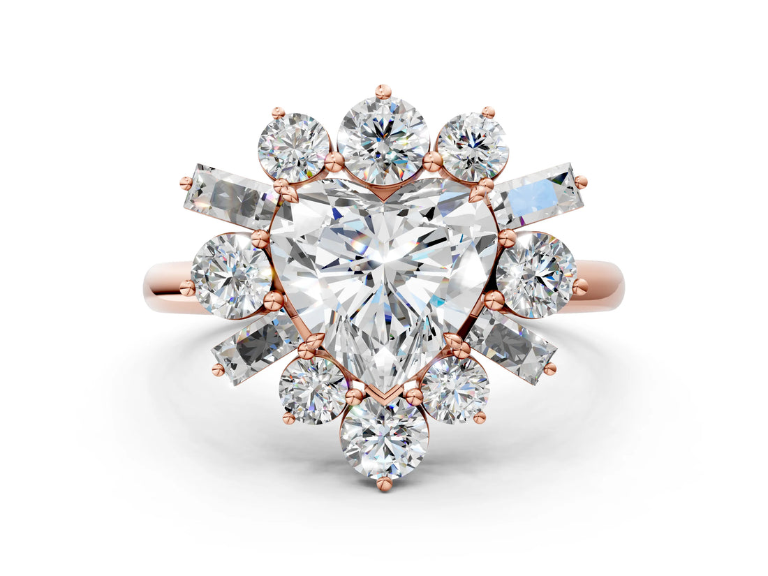 Rose gold Heart Cut Diamond Cluster Ring with Round and Baguette Stones, Split Shank Band, Prong Setting_3