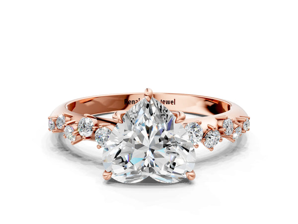 Rose gold Heart Cut Diamond Cluster Side Stone Solitaire Ring with Prong Setting