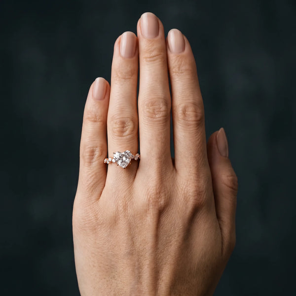 Rose gold Heart Cut Diamond Cluster Side Stone Solitaire Ring with Prong Setting