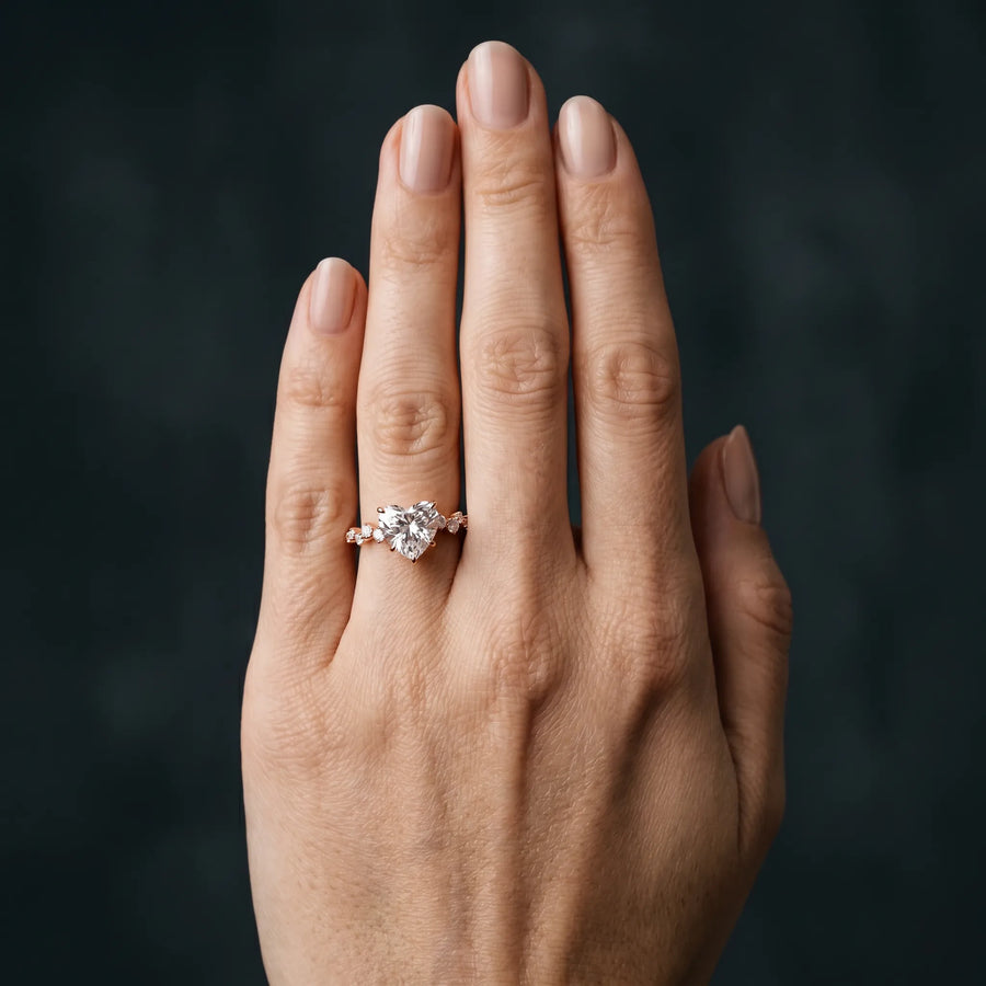 Rose gold Heart Cut Diamond Cluster Side Stone Solitaire Ring with Prong Setting