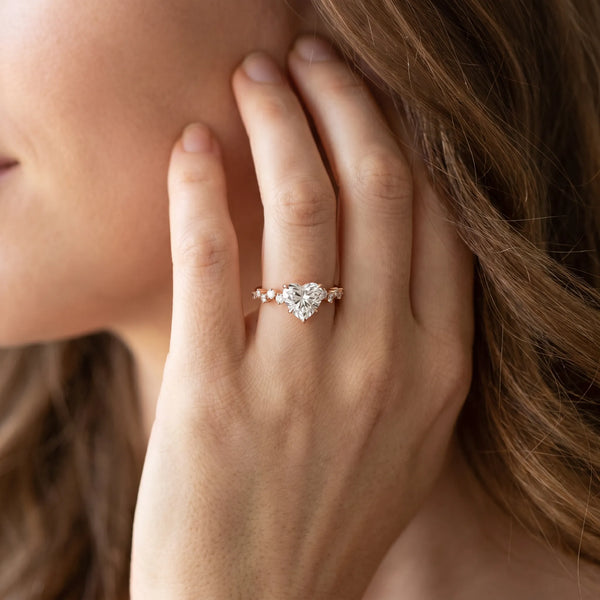 Rose gold Heart Cut Diamond Cluster Side Stone Solitaire Ring with Prong Setting