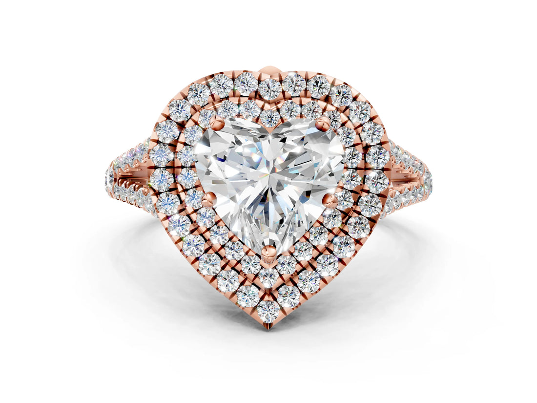 Rose gold Heart Cut Diamond Double Halo Ring with Pavé Band and Prong Setting_84