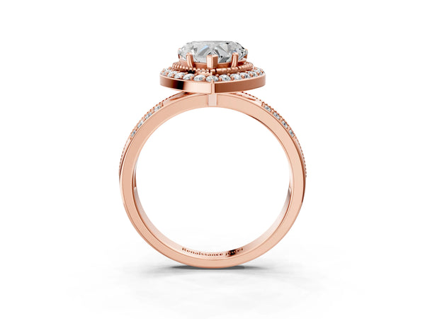 Rose gold Heart Cut Diamond Double Halo Ring with Split Shank and Four-Prong Setting