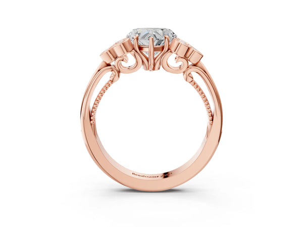 Rose Gold Heart-Shaped Vintage Engagement Ring Setting with Bezel-Set Shoulder Clusters and Milgrain