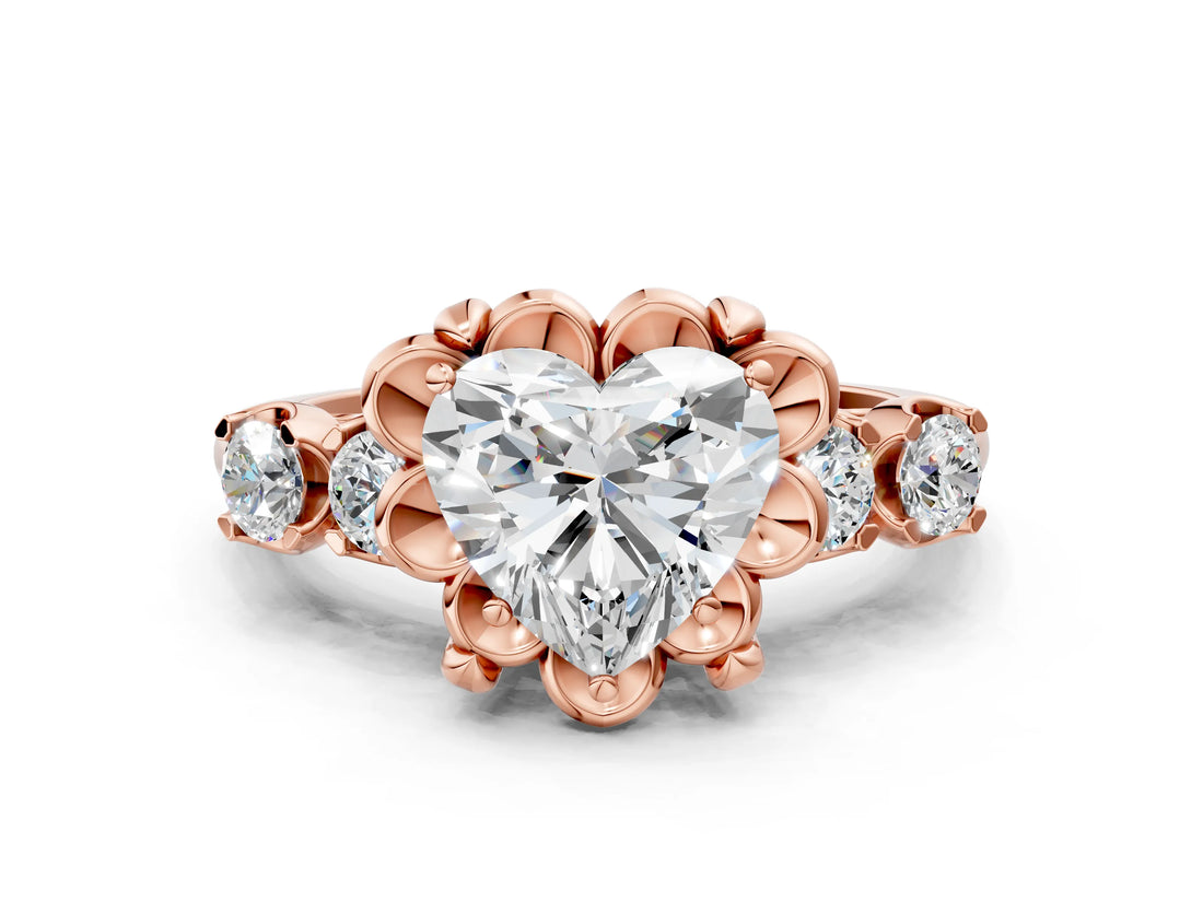 Rose gold Heart Cut Diamond Floral Halo Engagement Ring with Shared Prong Setting 1