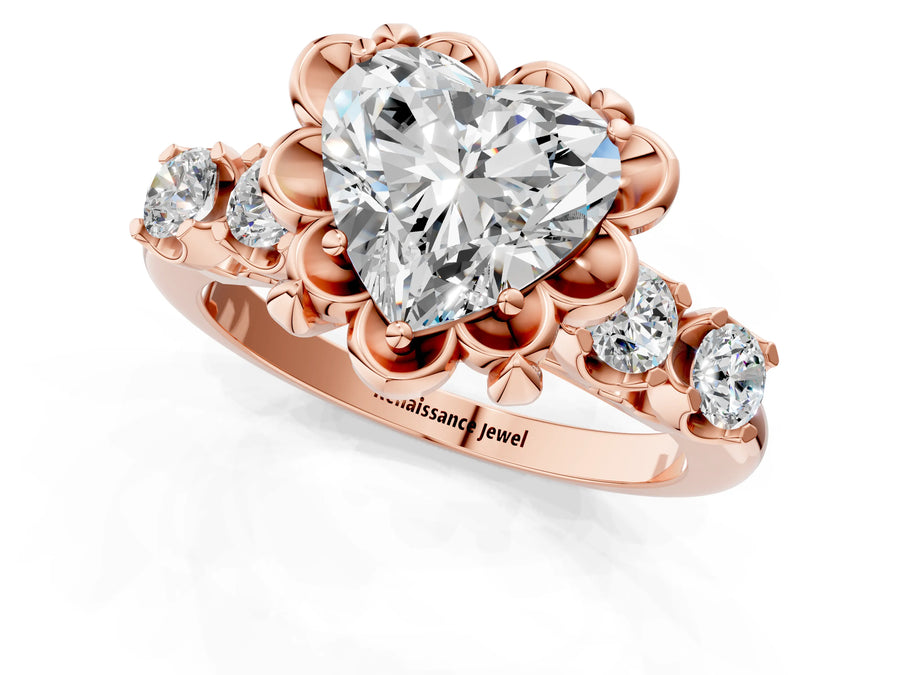Rose gold Heart Cut Diamond Floral Halo Engagement Ring with Shared Prong Setting