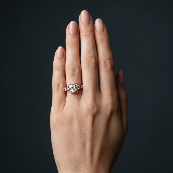 Rose gold Heart Cut Diamond Floral Halo Engagement Ring with Shared Prong Setting