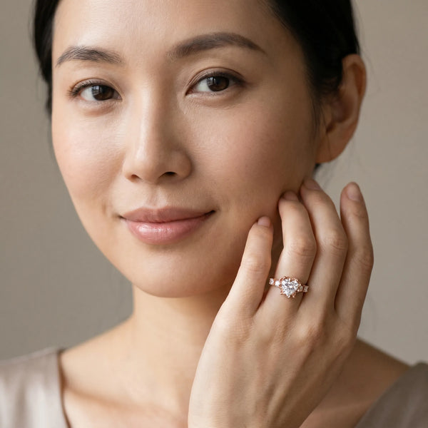Rose gold Heart Cut Diamond Floral Halo Engagement Ring with Shared Prong Setting