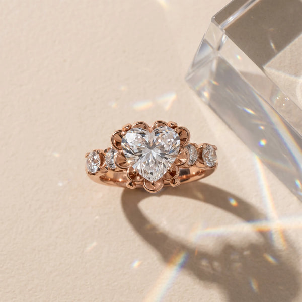 Rose gold Heart Cut Diamond Floral Halo Engagement Ring with Shared Prong Setting
