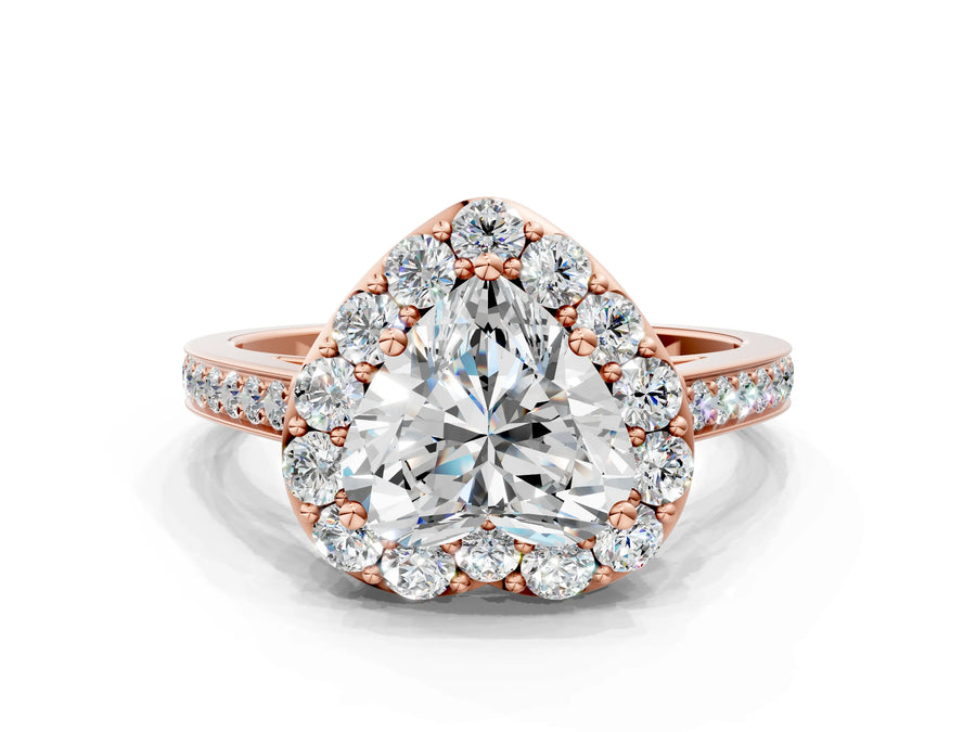 Rose gold Heart Cut Diamond Floral Halo Ring with Pavé Band and Prong Setting
