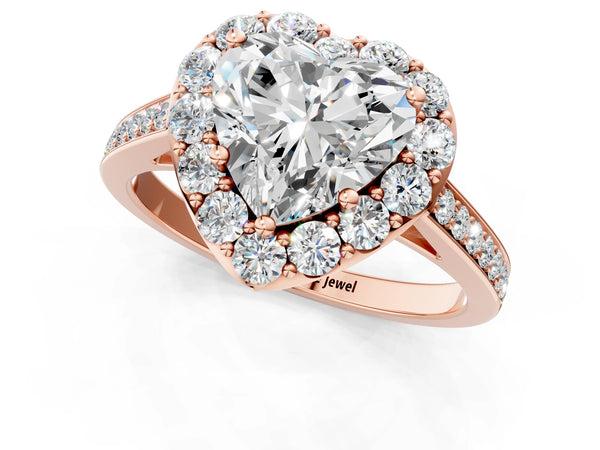 Rose gold Heart Cut Diamond Floral Halo Ring with Pavé Band and Prong Setting