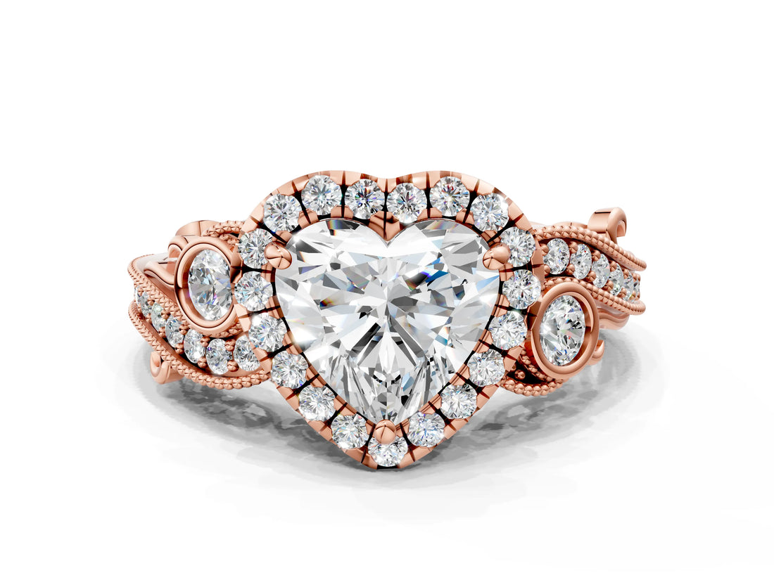 Rose gold Heart Cut Diamond Halo Ring with Milgrain Pavé Band and Four-Prong Setting_54