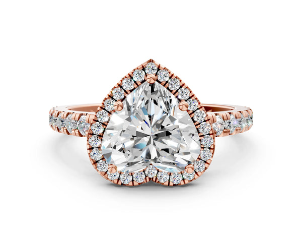 Rose gold Heart Cut Diamond Halo Ring with Pavé Band and Four-Prong Setting