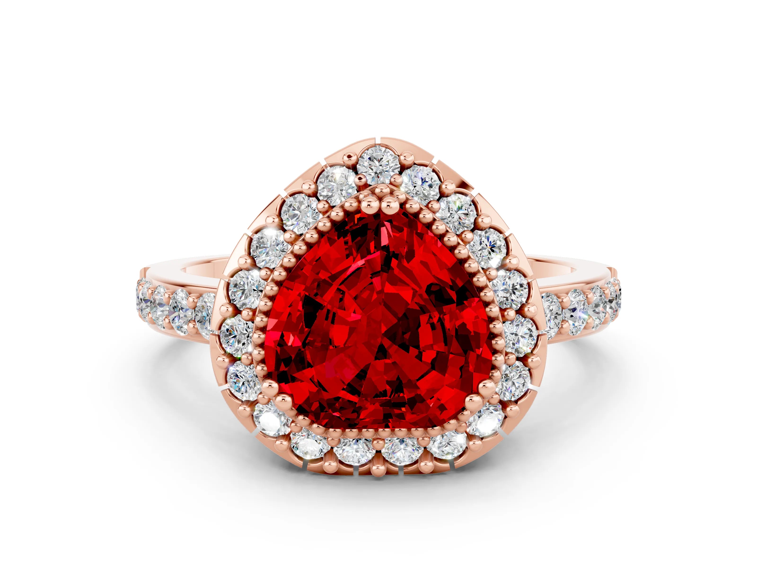 Rose gold Heart Cut Diamond Halo Ring with Pavé Band and Prong Setting