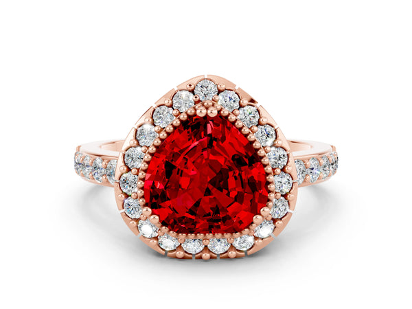 Rose gold Heart Cut Ruby Halo Ring with Pavé Band and Prong Setting