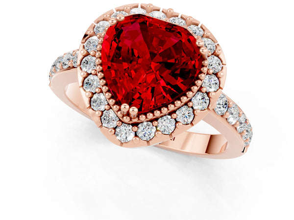 Rose gold Heart Cut Ruby Halo Ring with Pavé Band and Prong Setting