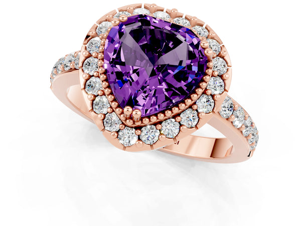 Rose gold Heart Cut Amethyst Halo Ring with Pavé Band and Prong Setting