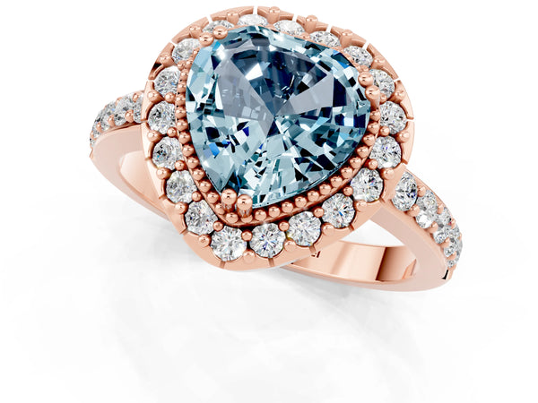 Rose gold Heart Cut Aquamarine Halo Ring with Pavé Band and Prong Setting