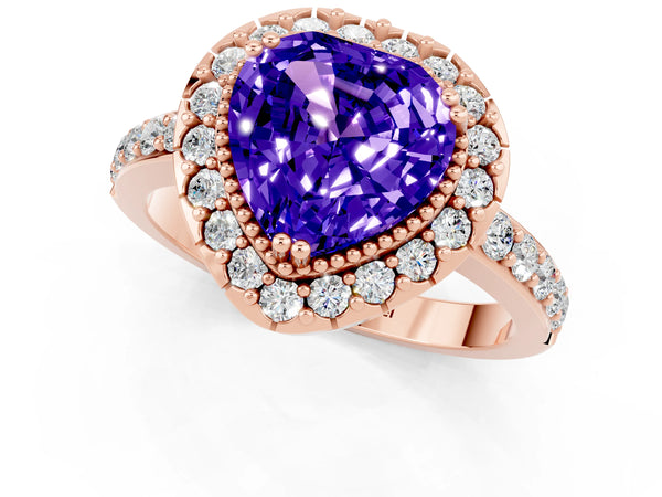 Rose gold Heart Cut Tanzanite Halo Ring with Pavé Band and Prong Setting