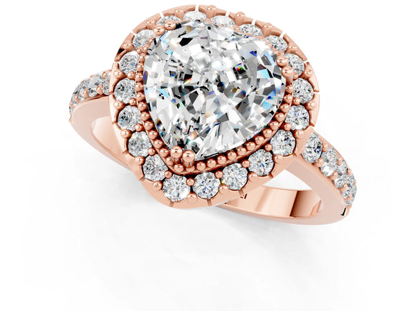Rose gold Heart Cut Moissanite Halo Ring with Pavé Band and Prong Setting