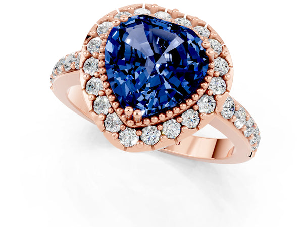 Rose gold Heart Cut Blue Sapphire Halo Ring with Pavé Band and Prong Setting