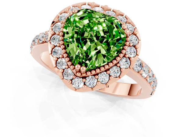 Rose gold Heart Cut Peridot Halo Ring with Pavé Band and Prong Setting