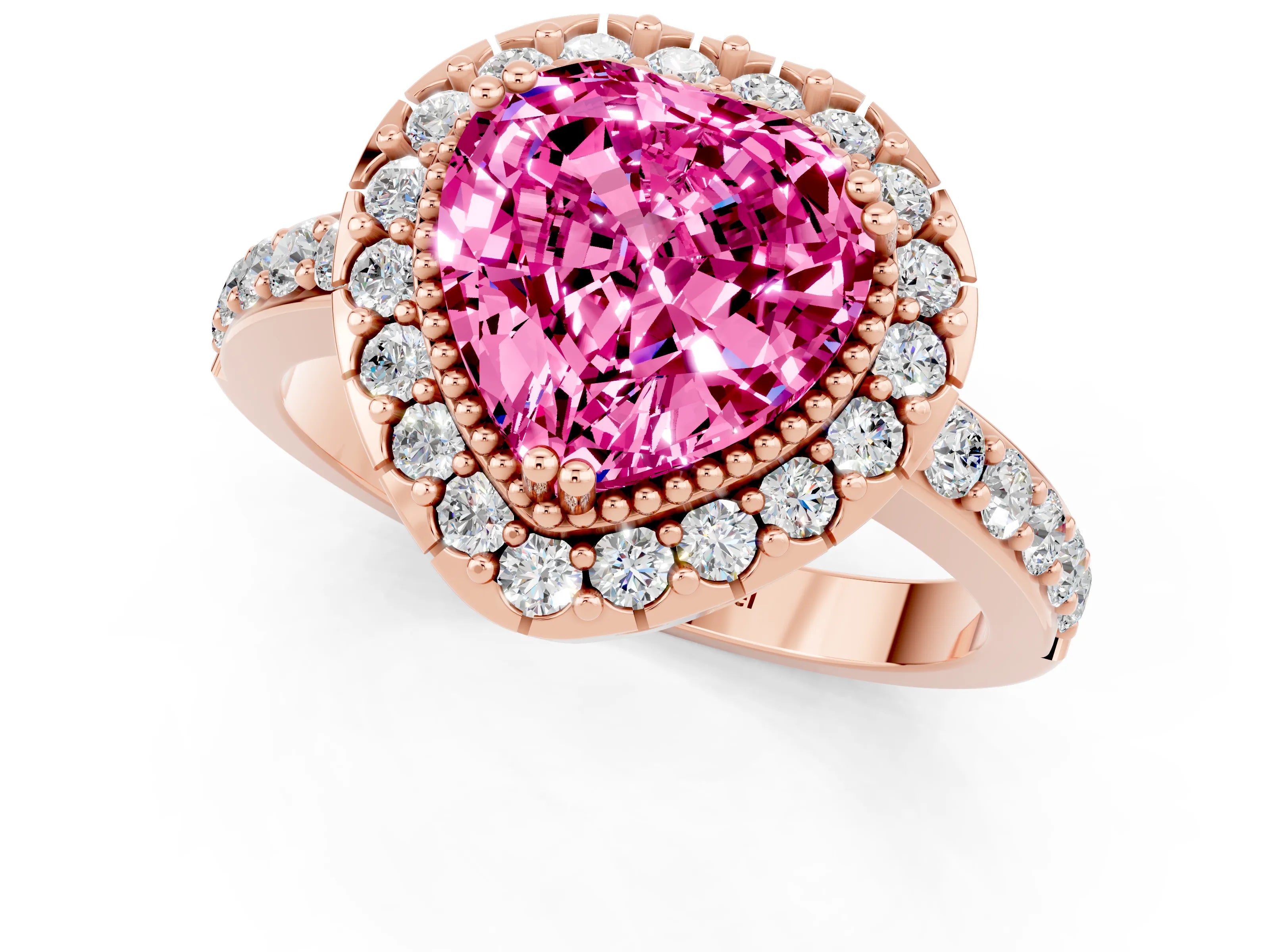 Rose gold Heart Cut Diamond Halo Ring with Pavé Band and Prong Setting_1