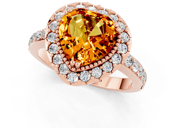 Rose gold Heart Cut Citrine Halo Ring with Pavé Band and Prong Setting
